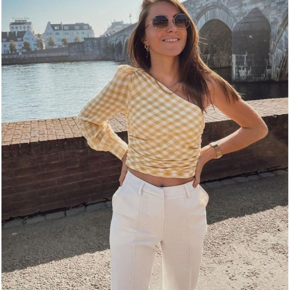 NWOT Zara Asymmetric Venus Yellow Gingham One Shoulder Crop Top S - Picture 7 of 12